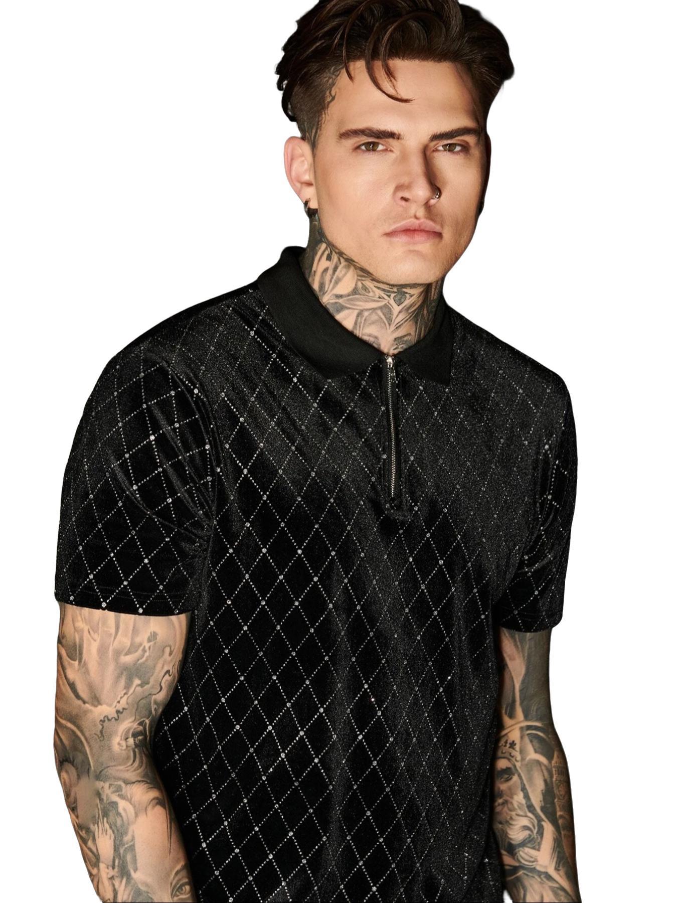 ZAFUL Men Argyle Pattern Quarter Zip Velvet Polo Shirt, For Husband Men's Velvet Printed Sparkly 1/4 Zipper Short Sleeve Collared Shirt Going Out Tops