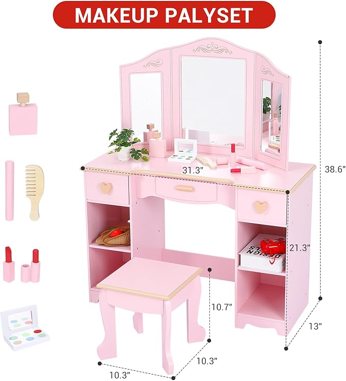 Princess Vanity Set for Kids - White Makeup Table with Mirror, Stool, and Wooden Play Makeup Accessories Princess Vanity Set for Kids - White Makeup Table with Mirror, Stool, and Wooden Play Makeup Accessories