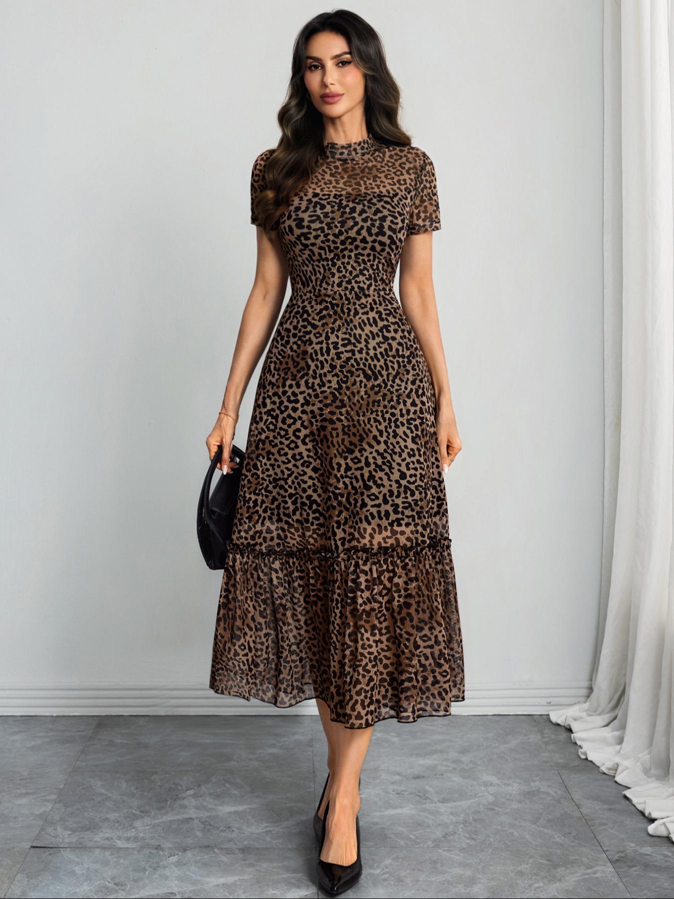 Women's Sexy Leopard Print Elegant Round Neck Mesh Skirt Dress, Stylish Casual Fashion, Perfect for Parties and Daily Wear