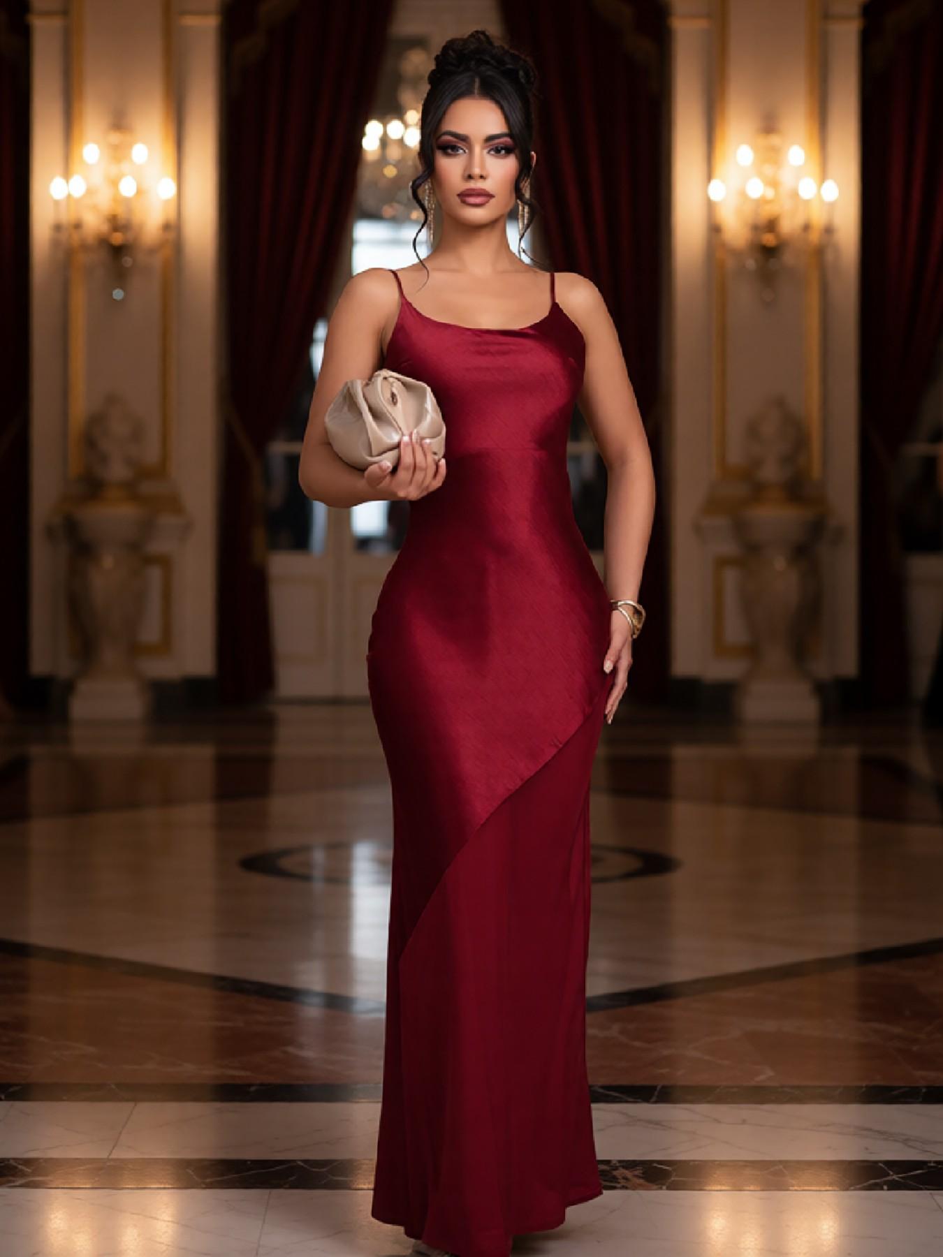 Women’s Satin Slip Maxi Dress Soft & Thin Fabric with Chiffon Hem Elegant Spaghetti Strap Backless Long Dress for Evening Party Wedding Guest Vacation Perfect Gift for All Seasons