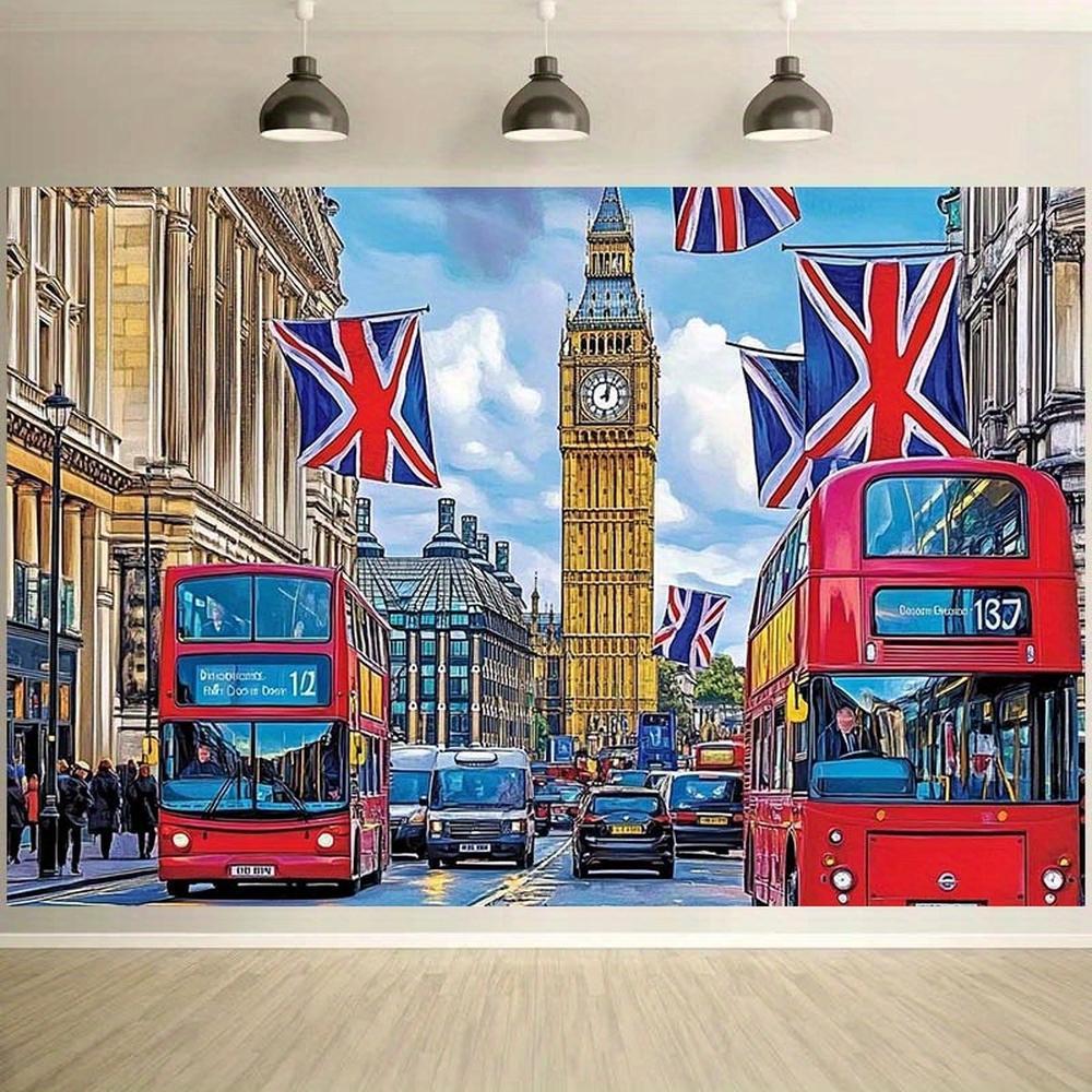 2D Flat British-Themed Party Backdrop Banner, Big Ben, Red Buses & Union Jack Flags Design, Durable Polyester for St. George's Day, Photography Props & Events