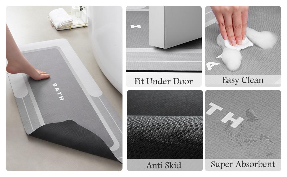 Super Absorbent Thin Bath Rug, Non Slip Quick Dry Stain Resistant Mat for Bathtub Vanity