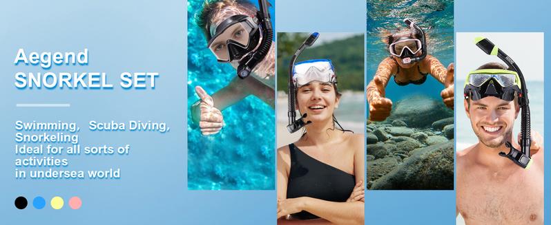 Aegend 2 Pack Snorkeling Gear for Adults, Dry Snorkel Set Panoramic View Enhanced Anti-Leak and Anti-Fog Technology, Adjustable Strap for Snorkeling Scuba Diving Swimming with Mesh Bag