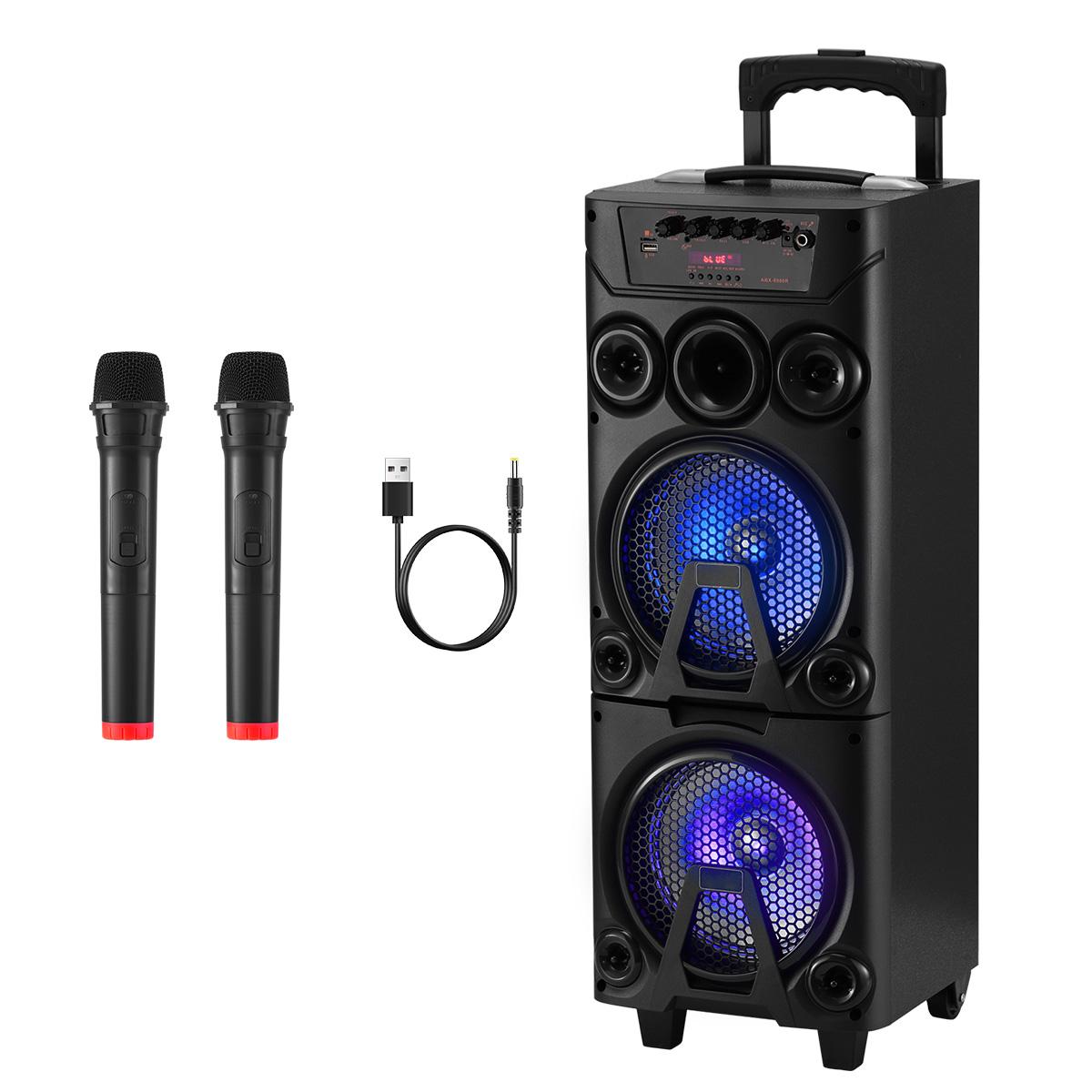 Portable Bluetooth Party Speaker Dual 8" Woofers Dual Wireless Microphones Wooden Cabinet TWS LED Light Rechargeable Stereo Wireless PA Speaker System Portable Bluetooth Party Speaker Dual 8" Woofers Dual Wireless Microphones Wooden Cabinet TWS LED Light Rechargeable Stereo Wireless PA Speaker System