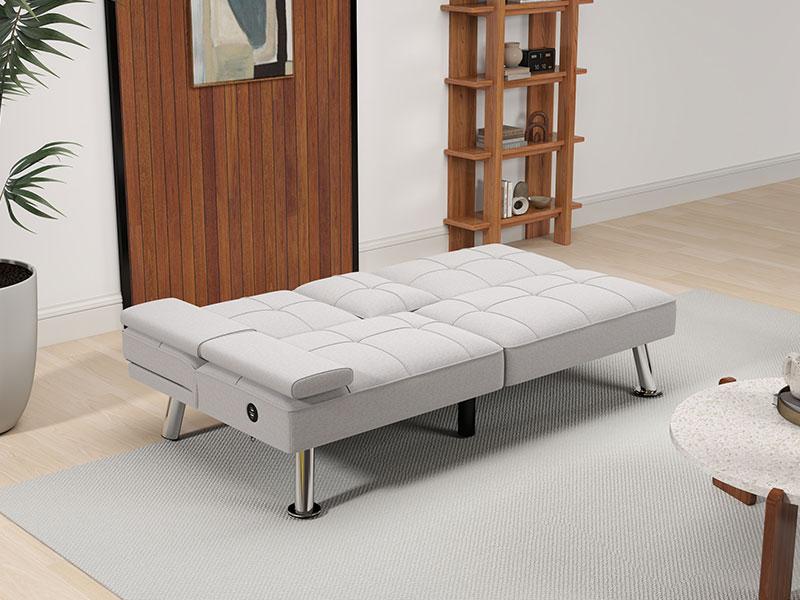 [TikTokShopBlackFriday]EBELLO  Futon Versatile Sofa Bed with Cup Holders USB Port Foldable 2-Seater Guest Bed for Living Room Gray,  Sofa Bed- Elegant