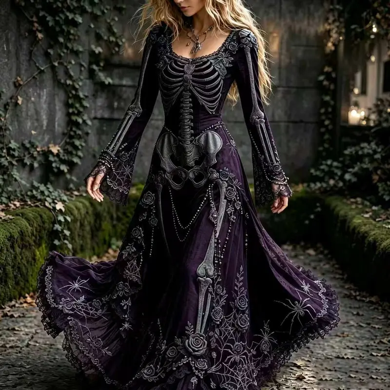 Dark Purple skeleton and rose dress with long bell sleeves and a flowing maxi skirt