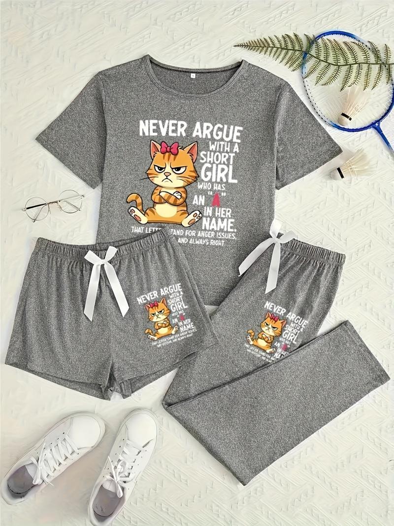 Women's Cartoon Cat Letter Print Sleepwear Set, Casual Fitted Three-Piece Pajamas, All Seasons Comfortable Nightwear, Sleep Sets