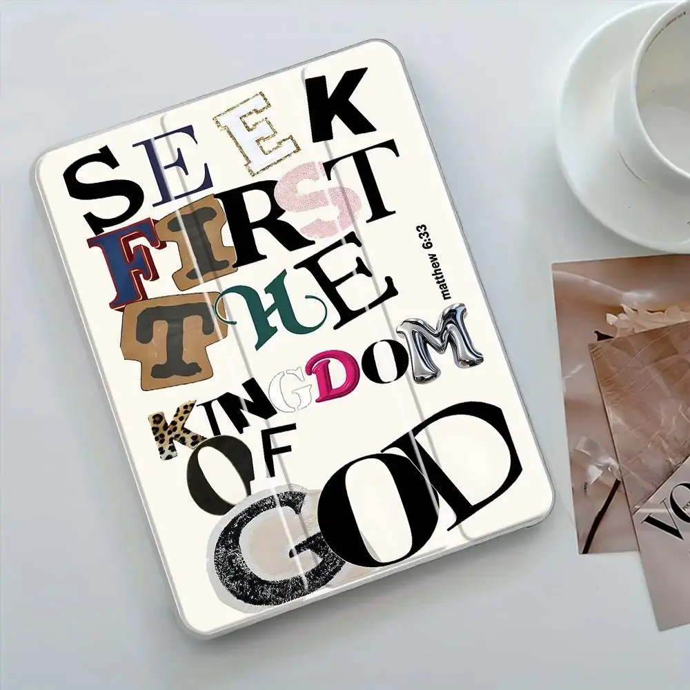 Vintage Stylish "Seek First God's Kingdom" Tablet Stand Holder for 10.2 Inch 2019/2021 iPad, iPad Mini/Pro/Air, Transparent Acrylic Hard Back, Magnetic, Pencil Slot, Charger Slot, Scratch-Resistant, Ultra-Thin, Shockproof Full Protection Tablet Accessory