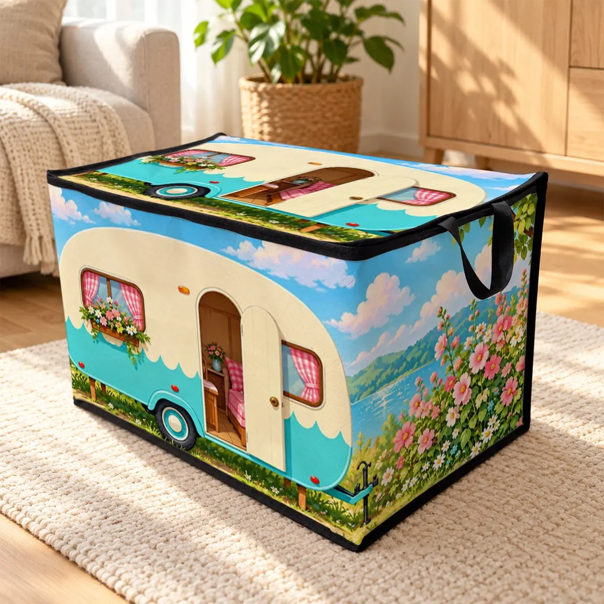 1pc Pastoral Flower Field Camping Caravan Print Fabric Storage Bin with Zipper Flip Lid, Sturdy Zipper, Portable Foldable Design, for Office, Living Room, Closet, Laundry Room, Car Trunk, Ideal Storage for Seasonal Clothes & Sundries