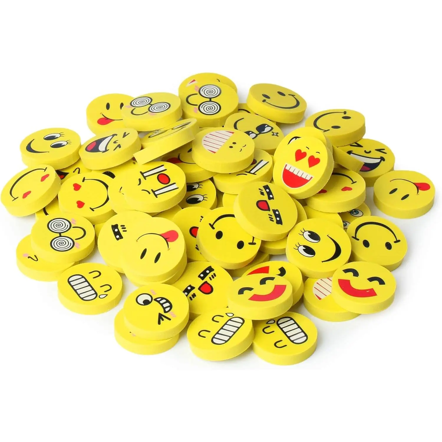 Mini Erasers Bulk for Kids, 64 Pack, 1 Inch Diameter | Small Fun Smiley Round Eraser for Classroom Rewards, Fillers, Goodie Bag Stuffers, Party Favors