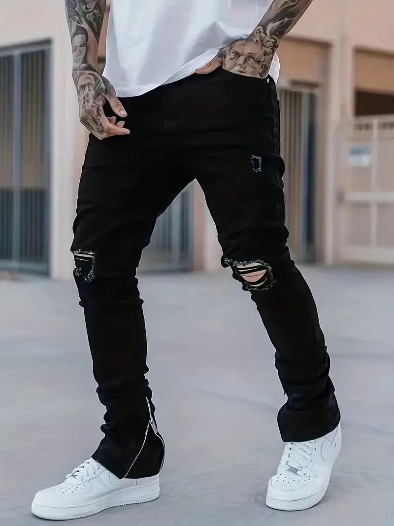 Men's black fashion jeans, ripped and ripped stretch denim trousers, comfortable and casual street jeans  Personalized Menswear