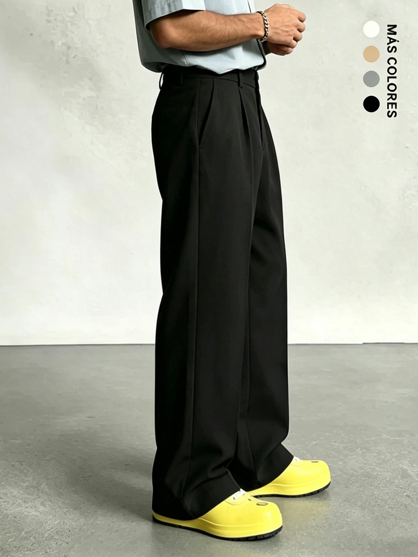 Men's Pleated Wide Leg Suit Pants, Formal Wear, Casual Loose Fit, Business & Street Style, Mid Waist, Drawstring Waist, Adjustable Pants, All Seasons