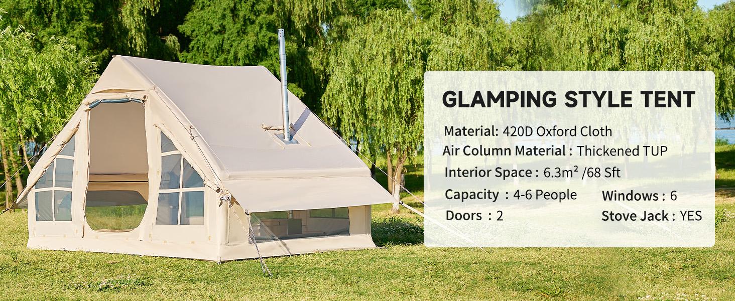 Lilypelle Inflatable Tents for Camping, Blow Up Tent with Hand Pump, Easy Setup Inflatable Hot Tent with Stove Jack, Waterproof Oxford Air Glamping Tents for Camping Adult 4-6 Person