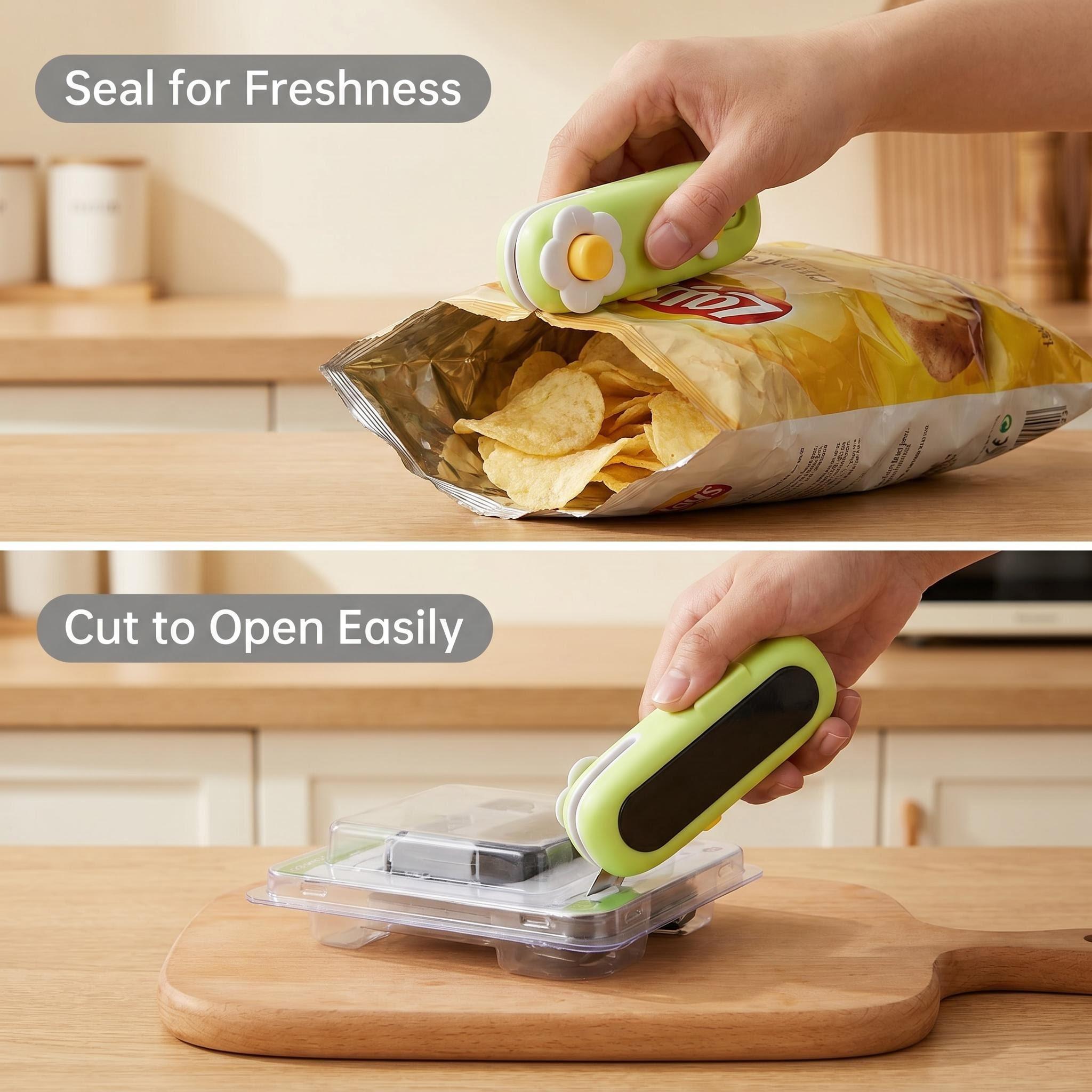 Rechargeable Handheld Multifunctional Mini Heat Bag Sealer - Magnetic Kitchen Food Storage Machine with Hidden Blade, Compact Portable Device That Seals Bags