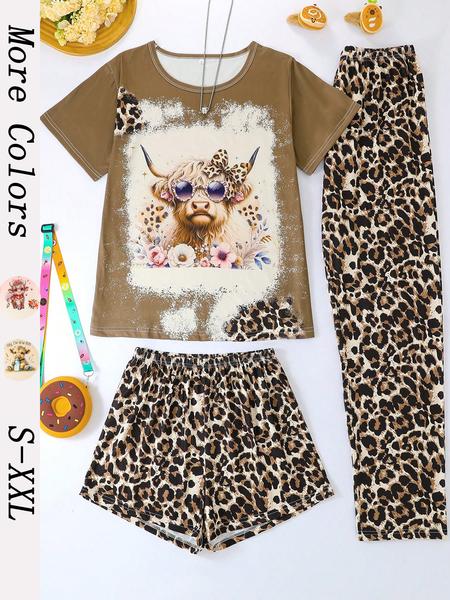 Women's Casual Pajama Set, Round Neck Short Sleeve Top & Elastic Shorts/pants, Leopard & Highland Cow Print, All-Season Wear