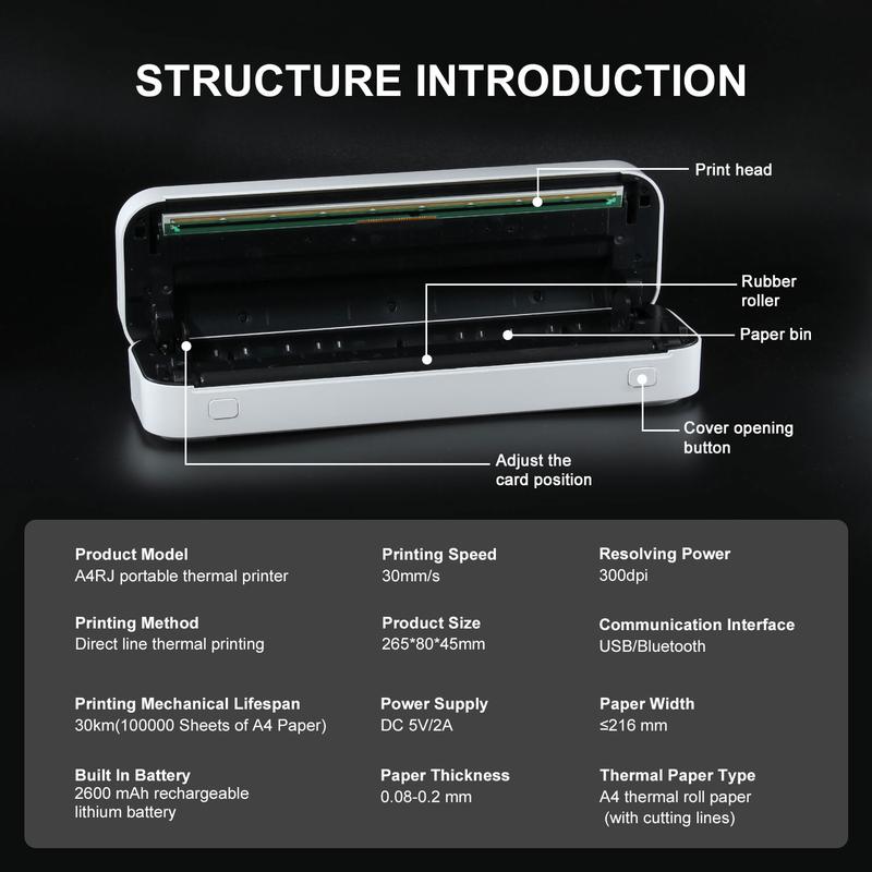Portable Inkless Thermal Printer, Supports A4 Paper Size, Prints Resumes, Music Sheets, Exam Papers, Compatible with iOS & Laptops