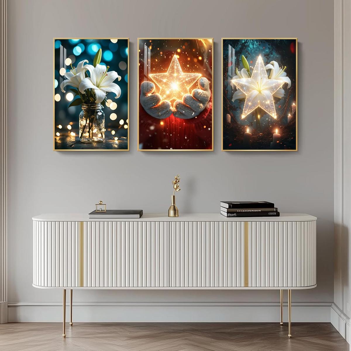 3 Counts Aluminum Alloy Framed Painting, White Lily And Glowing Star Art Pictures, Home Decoration For Living Room, Bedroom, Office, Restaurant, Hallway Wall Decor, Odorless Print Artwork, Luxury Perfect Gift For Friends And Family