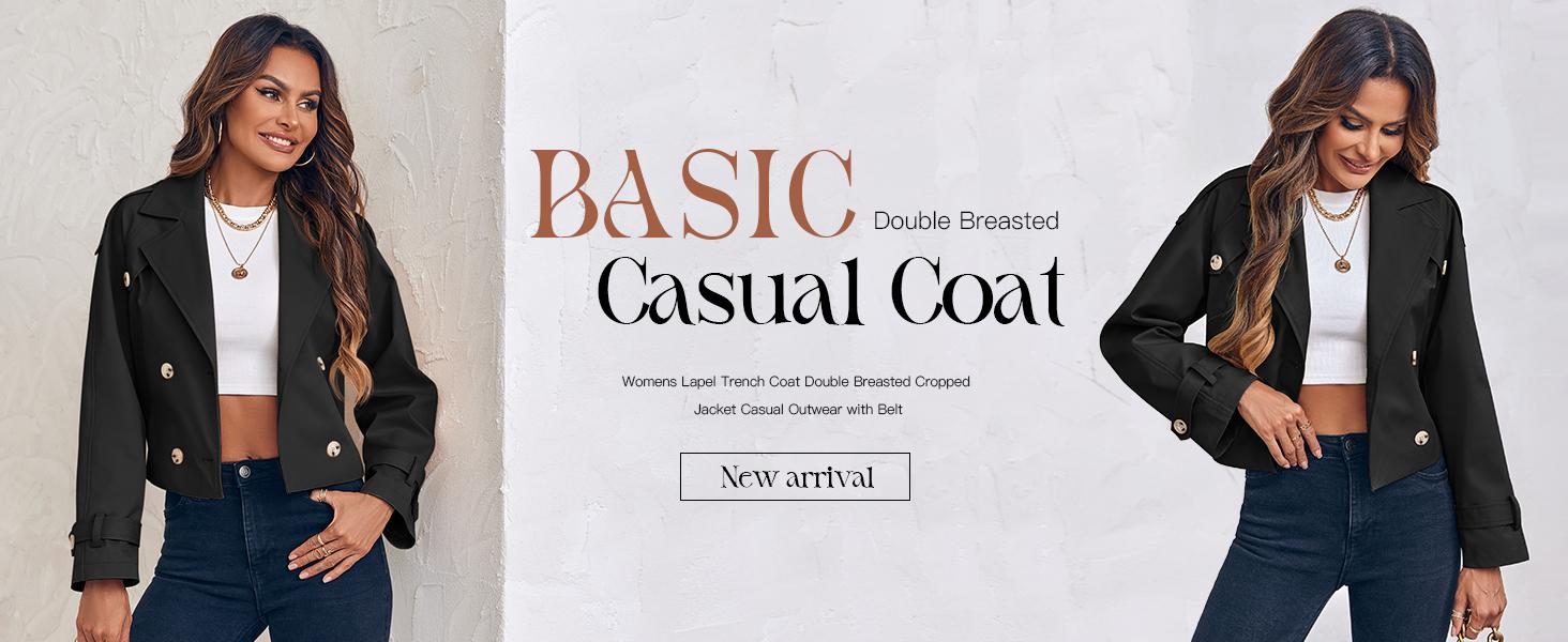 Womens Lapel Trench Coat Double Breasted Cropped Jacket Casual Outwear with Belt Tops Fit Womens Lapel Trench Coat Double Breasted Cropped Jacket Casual Outwear with Belt Tops Fit