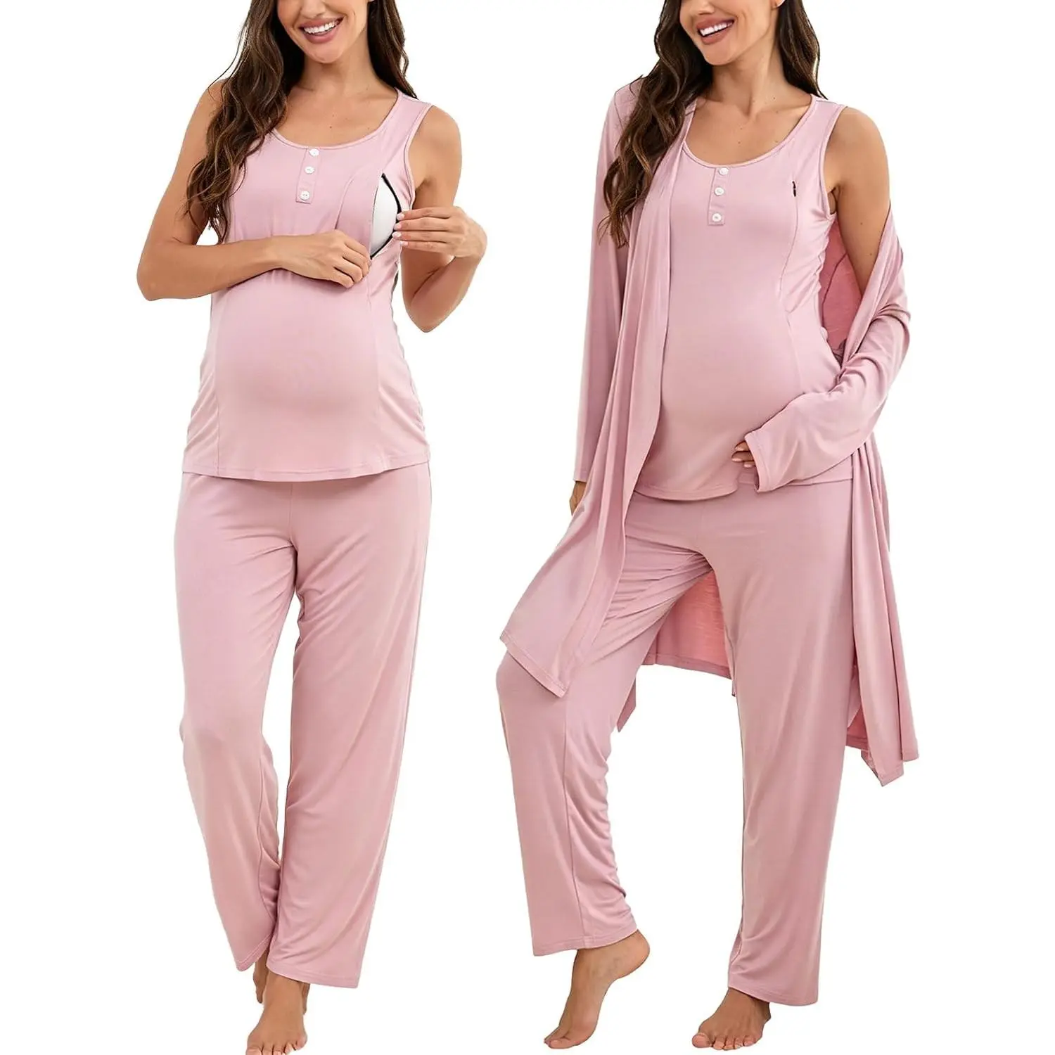 Women's 3-Piece Maternity Nursing Robe Set - Postpartum Breastfeeding Pajamas with Zipper for Labor Delivery