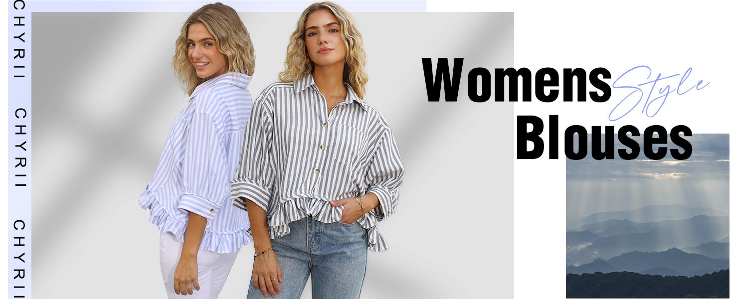 CHYRII Womens Summer Tops Dressy Casual Blouse Top Ruffled Short Sleeve Button Down Striped Shirt Black Elegant