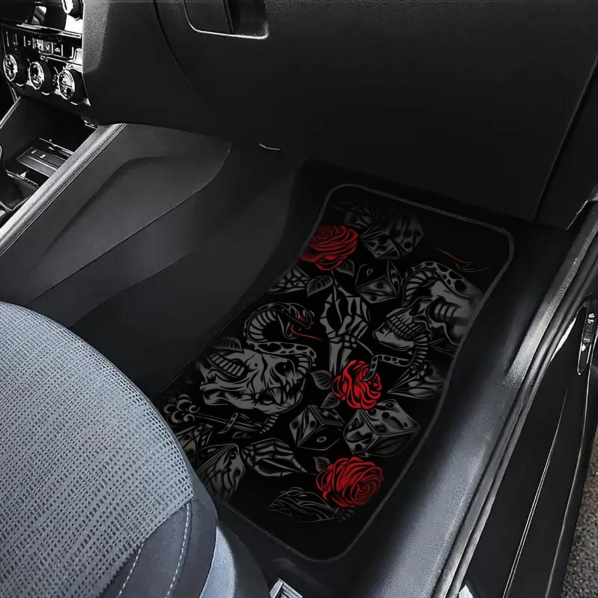 Four-Piece Retro Skull Rose Car Mats, Non-Slip Waterproof Floor Protectors, Universal Fit for Suvs and Cars, Ideal for Car Enthusiasts