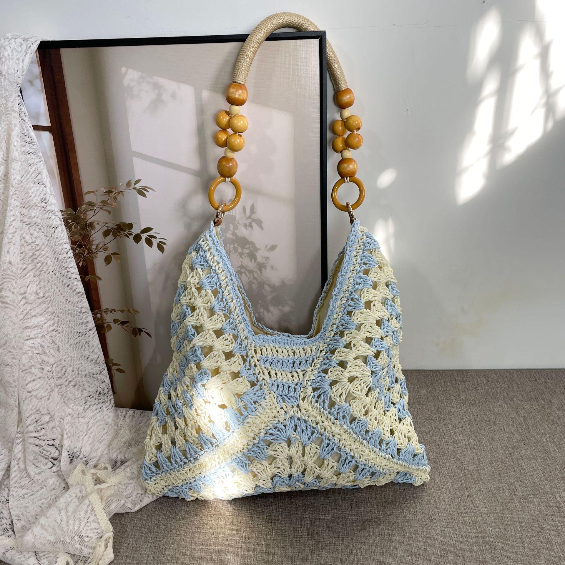 Women's Handmade Paper Rope Crochet Straw Shoulder Bag, PU Material With Adjustable Strap, Cold Wash Compatible Woven Handbag, Summer Accessory For Beach Vacation Casual Outfit Styling Use