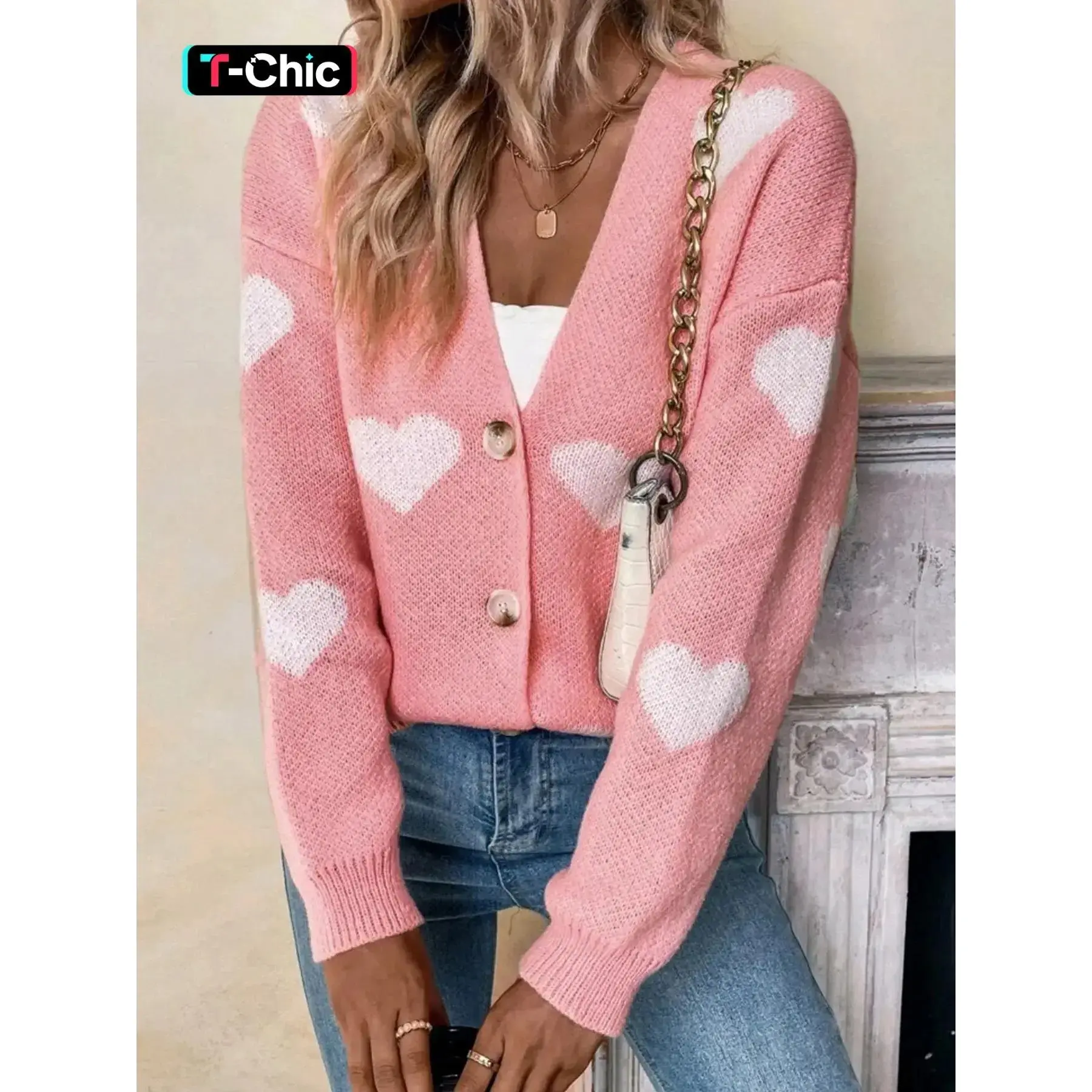 Women's Heart Print Button Front Drop Shoulder Cardigan, Casual Long Sleeve Knitwear for Spring & Fall, Women's Knit Clothing for Daily Wear