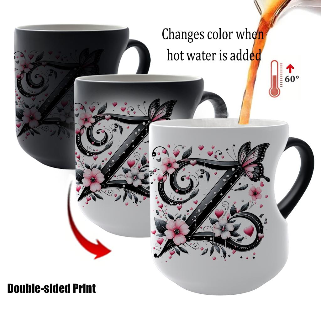 Butterfly Initials Heat-Sensitive Magic Mug, Ceramic Coffee Mug with Color-Changing Heart Design, Personalized Ceramic Cup Gift for Valentine's Day and Mother's Day