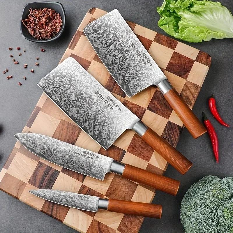 Japanese Style Laser Kitchen Knife Set, 4 Counts/set Multifunctional Chef Knife, Sharp Bone Cutting Knife, Practical Fruit Knife Cutting Tools