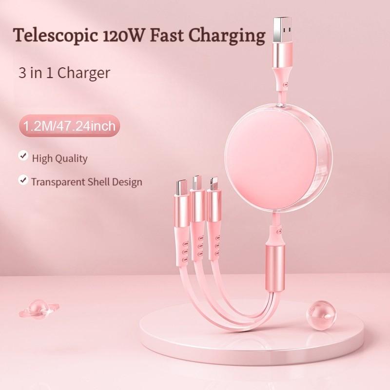120w 6a Ultra Fast Charge Type-C Rechargeable Cable, 1.2m USB Charging Line, 3-In-1 Quick Charge Compatible Devices