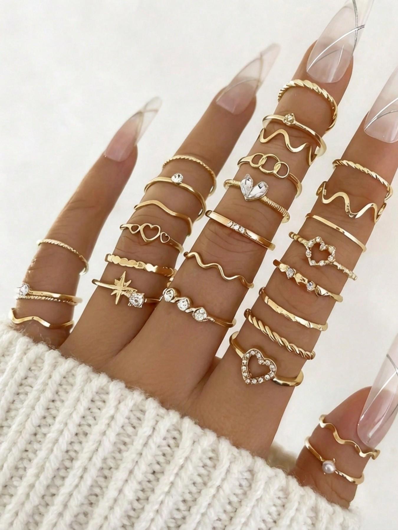 28pcs Heart Shaped Geometric Boho Style Rhinestone Knuckle Rings, Minimalist Wave Design, Perfect for Women's Daily Wear & Parties