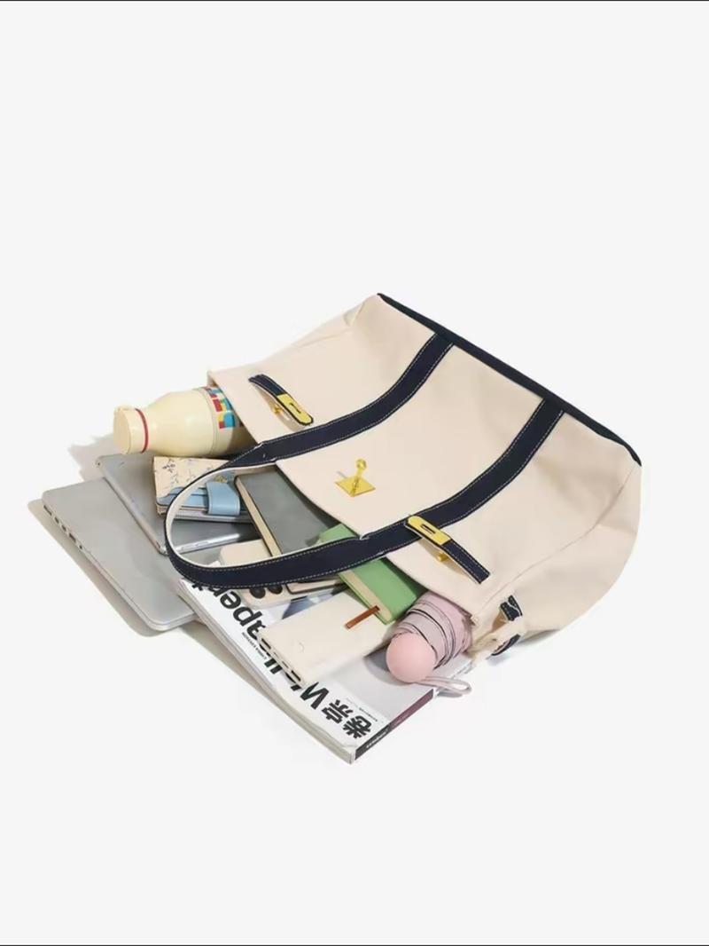 High-End Canvas Bag with Unique Design, Colorblock Handbag, Large Capacity Commuter Bag, Versatile Everyday Use
