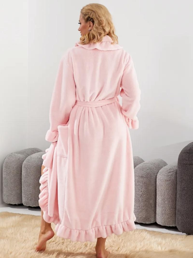 Women's Solid Color Flannel Bathrobe, Elegant Long Sleeve Wrap Robe, Women's Sleepwear for Fall & Winter, Nightgown, Casual Comfy Fluffy Pajamas, Soft Casual Pajamas