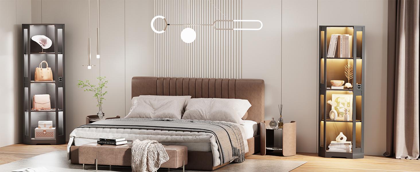 MIIFUNY 65" Corner Glass Display Cabinet with LED Lights, 4-Tier Showcase Display Case with Glass Doors & Human Body Sensor for Collectibles, Black