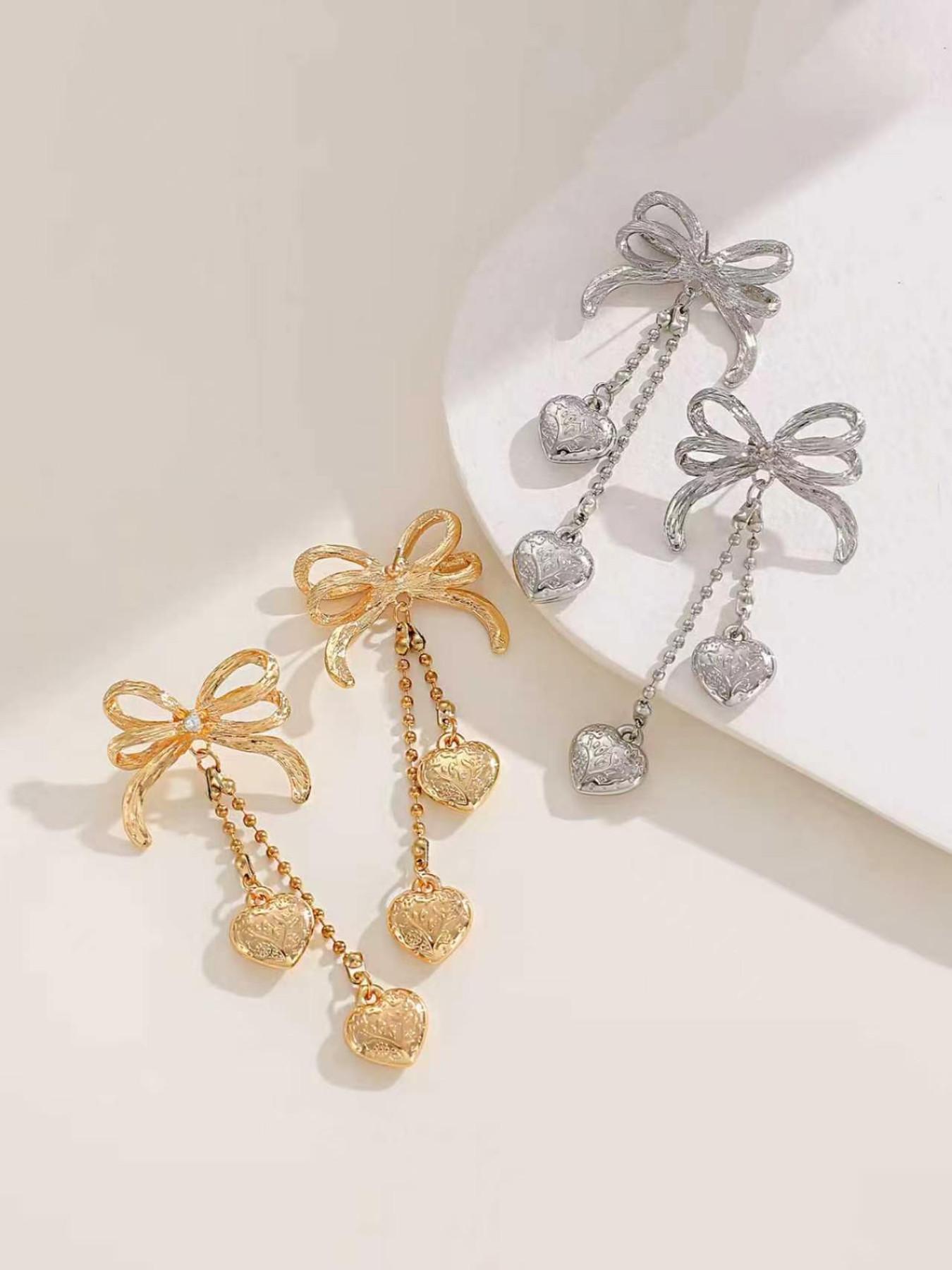 Elegant Butterfly Knot Drop Earrings, Heart Pendant, Star Moon Design, Classic Women's Jewelry, Perfect for All Seasons, Ideal for Holidays