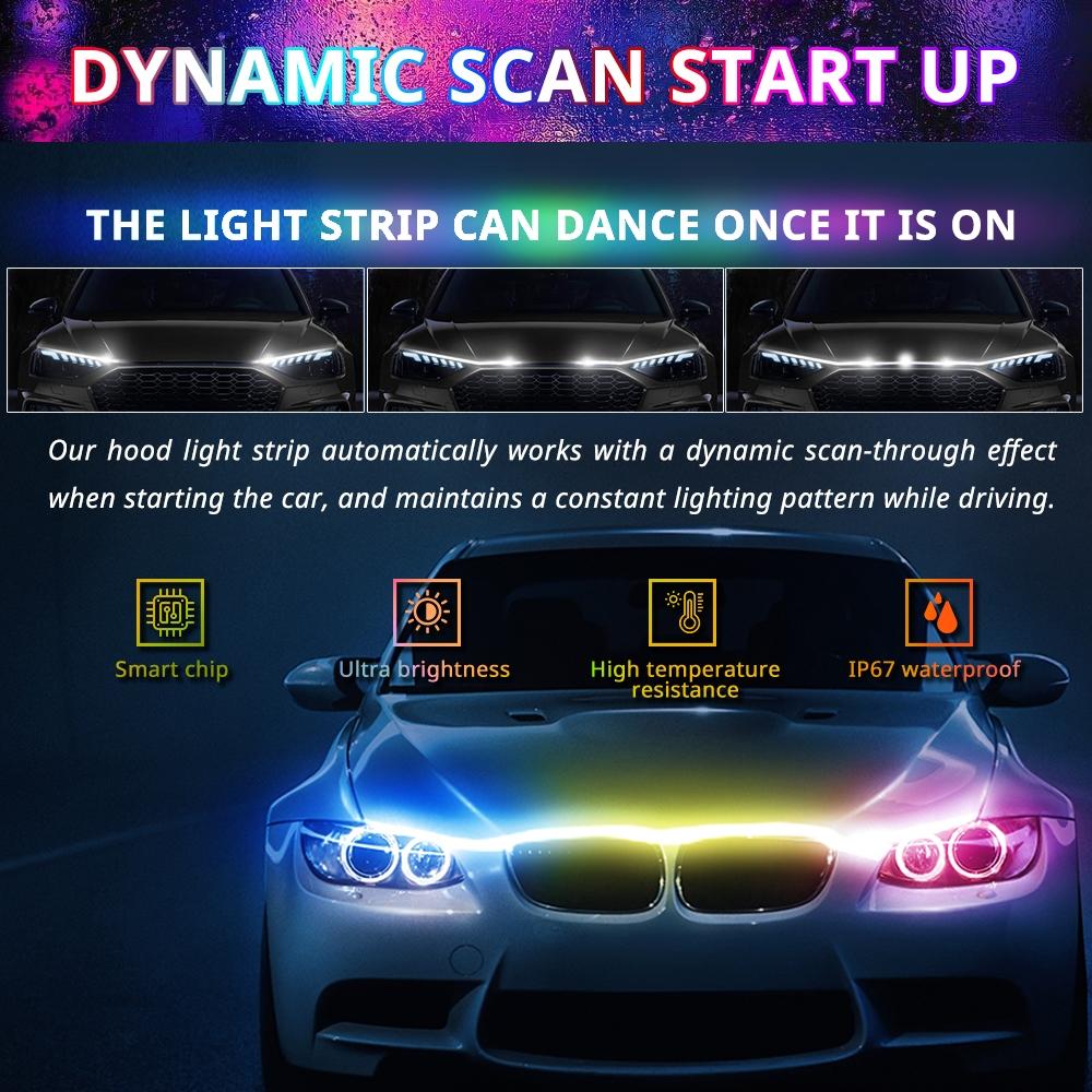 APP-Controlled RGB Dynamic LED Car Hood Light Strip, 1 Count Dynamic Scan Start Up Light Strip with Instruction & Remote Controller, Waterproof Flexible Car Lights, LED Car Ambient Light