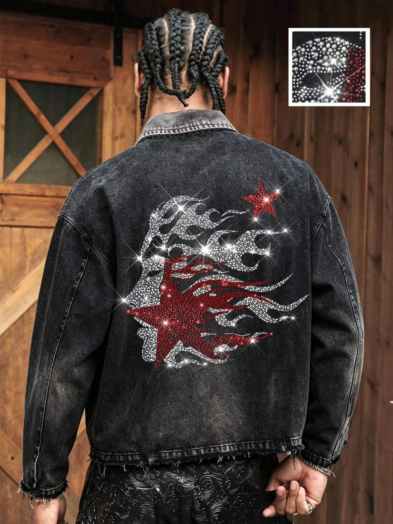 Men's Vintage Washed Denim Jacket, Back Rhinestone Flame Star Print, Frayed Edge Short Loose Fit, American High Street Style