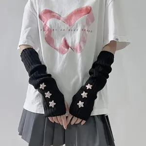 1 pair of ladies' fingerless gloves with star decoration white/black/pink machine washable fashionable accessory gloves