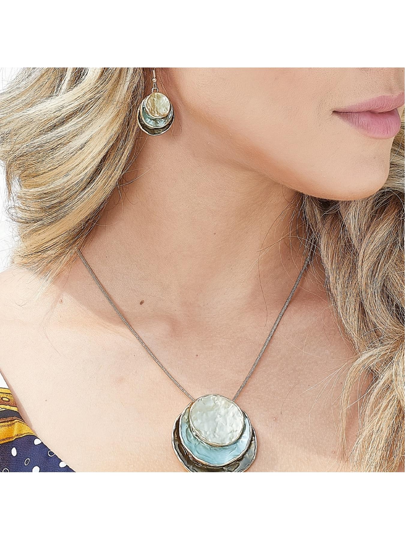 Boho 3-Layer Round Zinc Alloy Enamel Jewelry Set, Necklace & Earrings for Women