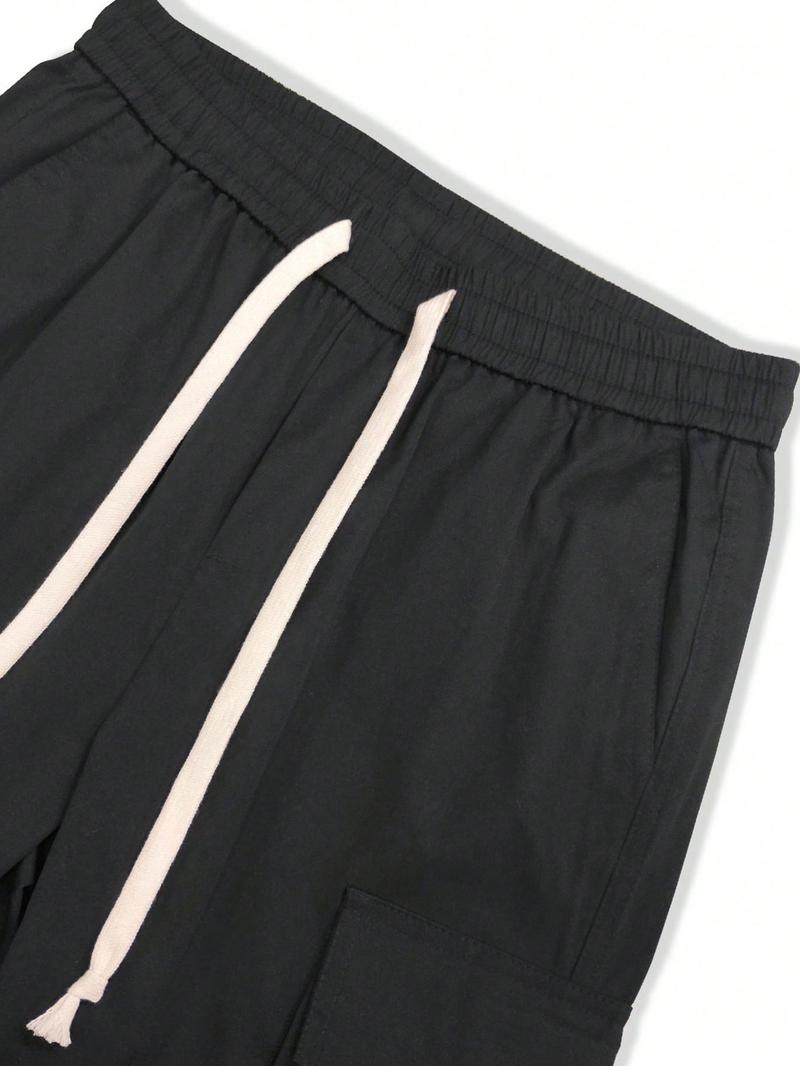 Men's Solid Pocket Drawstring Cargo Pants, Loose Street Straight Leg Trousers, Mens Clothing, Summer Pants, Men's Bottoms for Daily Wear