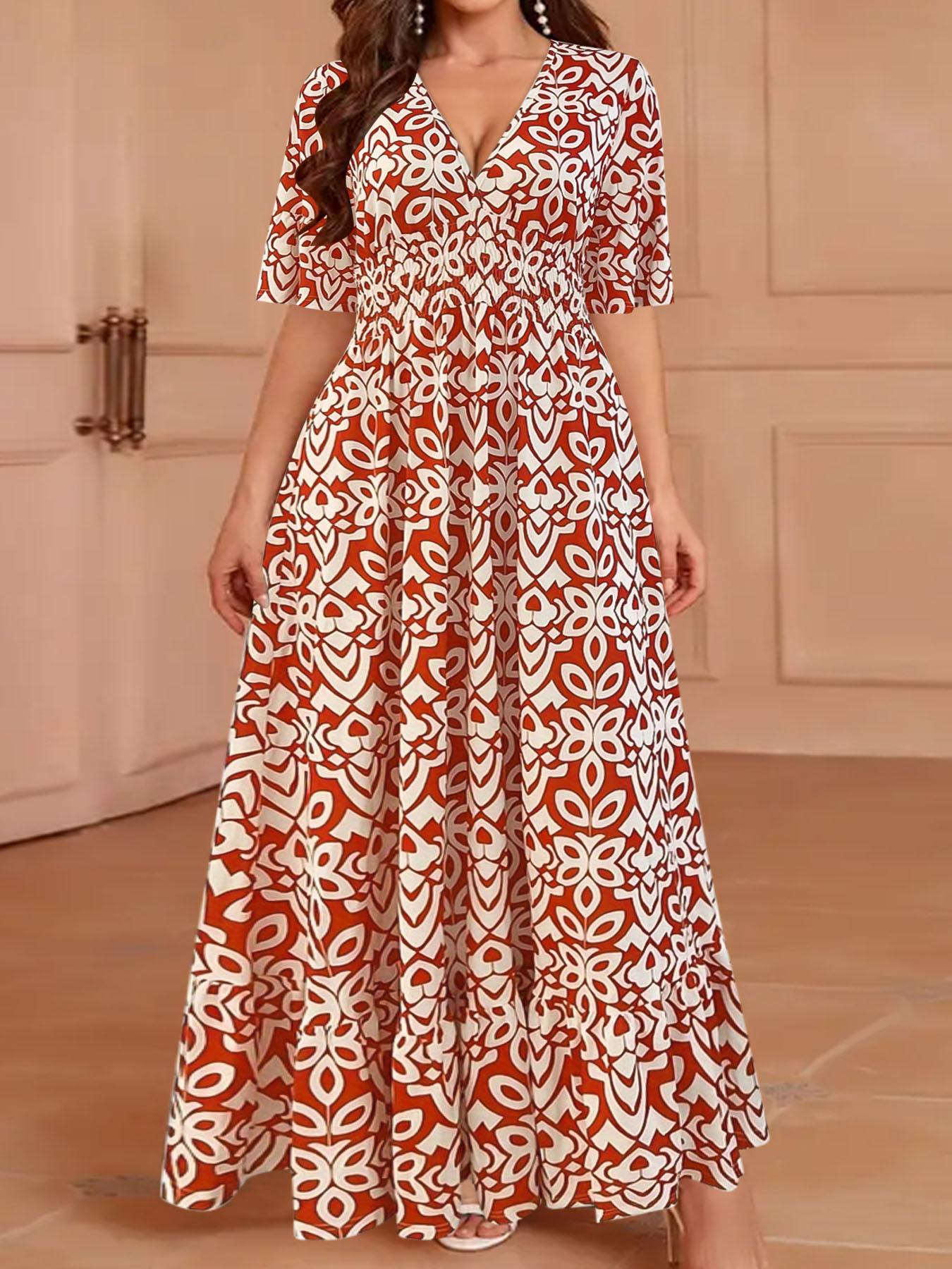 Plus Size Vintage Totem Print Dress, Half Sleeve Design, Curvy Slimming Vacation Dress