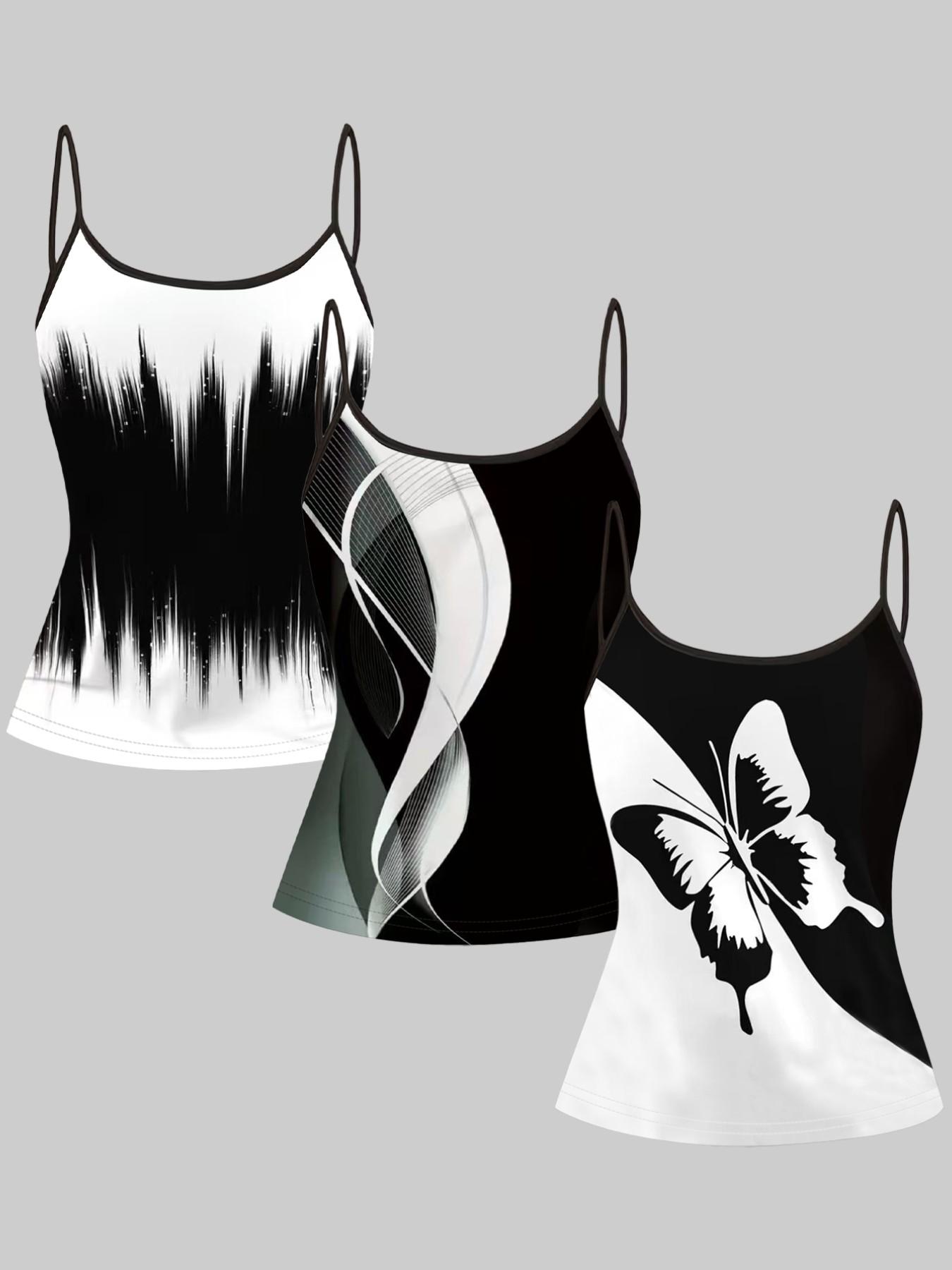 Simple Butterfly Line Print Adjustable Straps, Casual Sleeveless Slim-Fitting Top, Three-Piece Set for Home and Outdoors