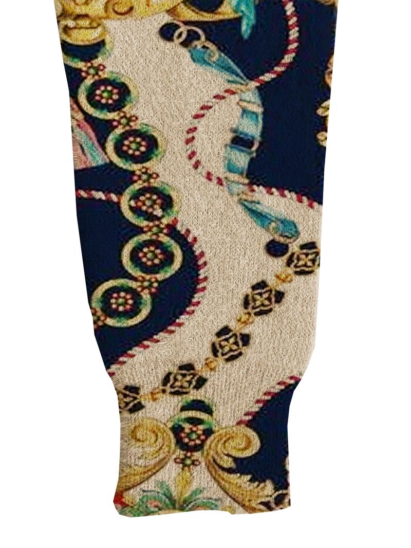 Women's Elegant Baroque Print Stand Collar Sweater, Fall Winter Casual Long Sleeve Knitwear, Comfortable Warm Top for Daily Wear