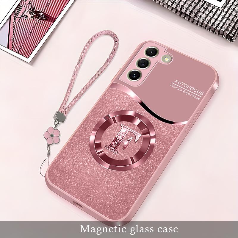 Personalized Initial Letter Rhinestone Magnetic Case for Galaxy S21 Fe 5g, Luxury Glitter Glass Cover with Lanyard Wrist Strap  ----975