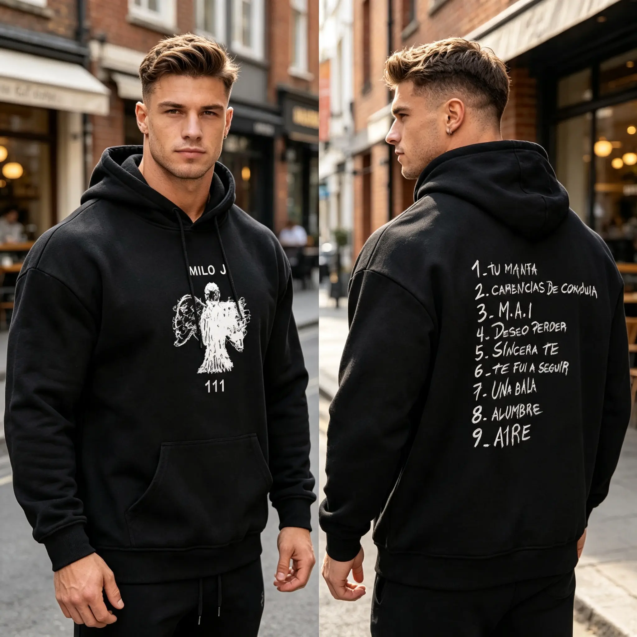 Urban Sketch Angel Graphic Hoodie Hip Hop Music Tracklist Print Casual Long Sleeve Hooded Sweatshirt Streetwear Top Aesthetic Oversized Cotton Fashion Apparel Unisex Pullover Black S 3XL
