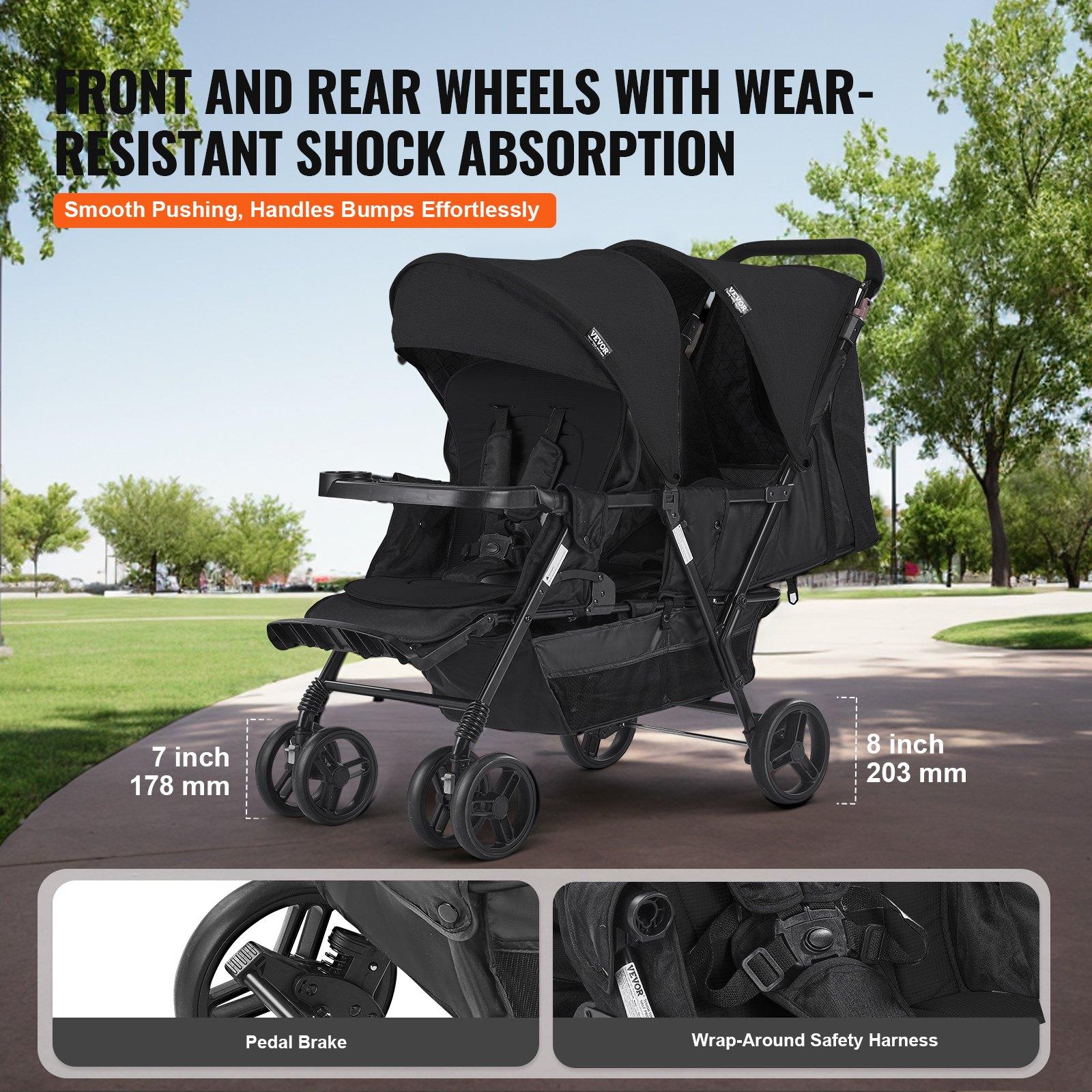 VEVOR Lightweight Foldable Tandem Double Stroller with Tandem Seating, Adjustable Backrest, Adjustable Footrest, Wrap Harness, Storage Tray, Storage Basket, Push Handle, for Newborns (Newborn Baby Stuff), Outdoor Walks (Black)