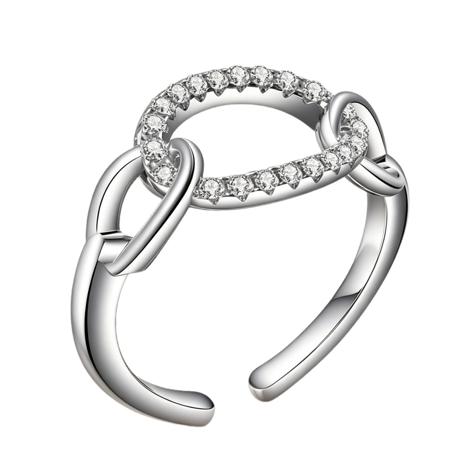 Women's Silver-Plated Copper Open Ring - Interlocking Chain Link, Adjustable, Pave Cubic Zirconia Band with Metal Coating for Daily Wear & Valentine’s Gifting (Indoor Recreation Accessory)