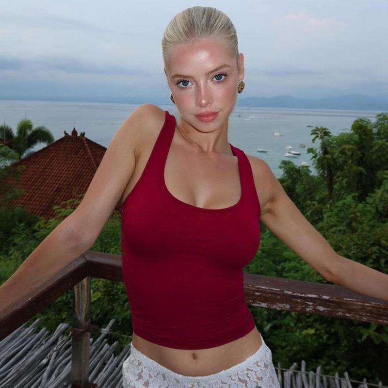 Women‘s Basic Solid U Neck Tank Top, Sleeveless Backless Plain Slim Fit Crop Top for Party Club Date Holiday Daily Casual Outdoor Clothes Wear, Casual Fitted Sleeveless