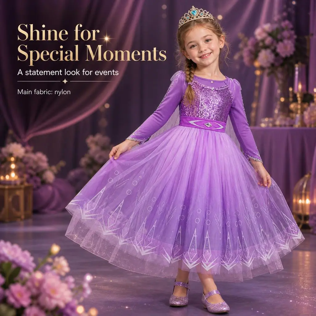 Girls' Purple  Princess Costume Full-Accessories Set, Long-Sleeve Tulle A-Line Kids' Party Gown