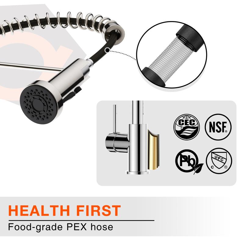 FORIOUS Kitchen Faucet with Pull Down Sprayer，Adjustable High Pressure Stainless Steel Single Handle Rotated Pull Out Kitchen Sink Faucets